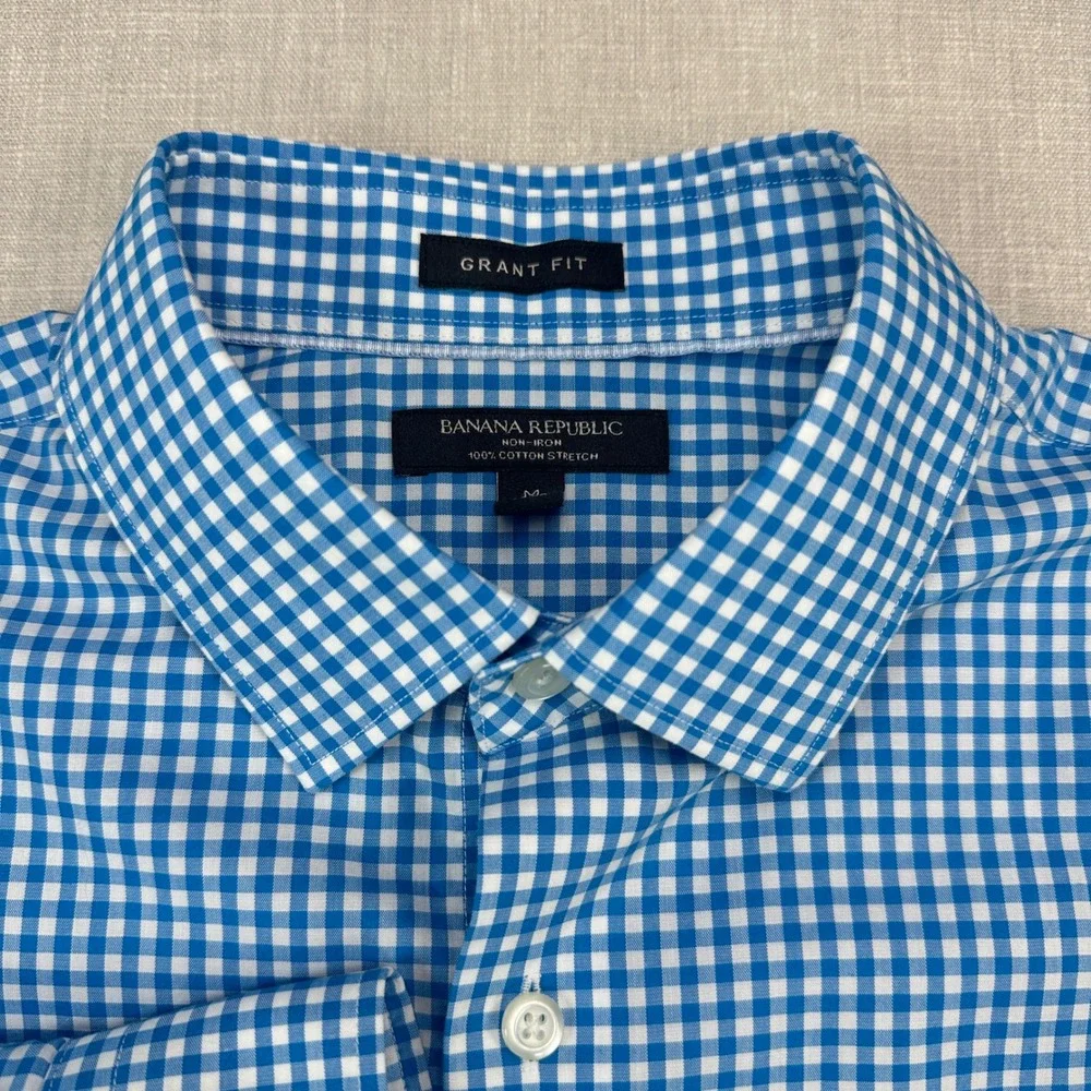 Banana Republic Shirt Mens M Blue White Gingham Grant Fit Non Iron Long Sleeve
